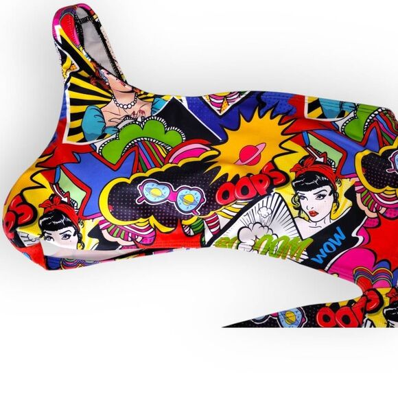 Womens Swimsuit Popart Sz XL Comic Print One Shoulder Connect 2 PC High Cut Swim - Picture 7 of 11